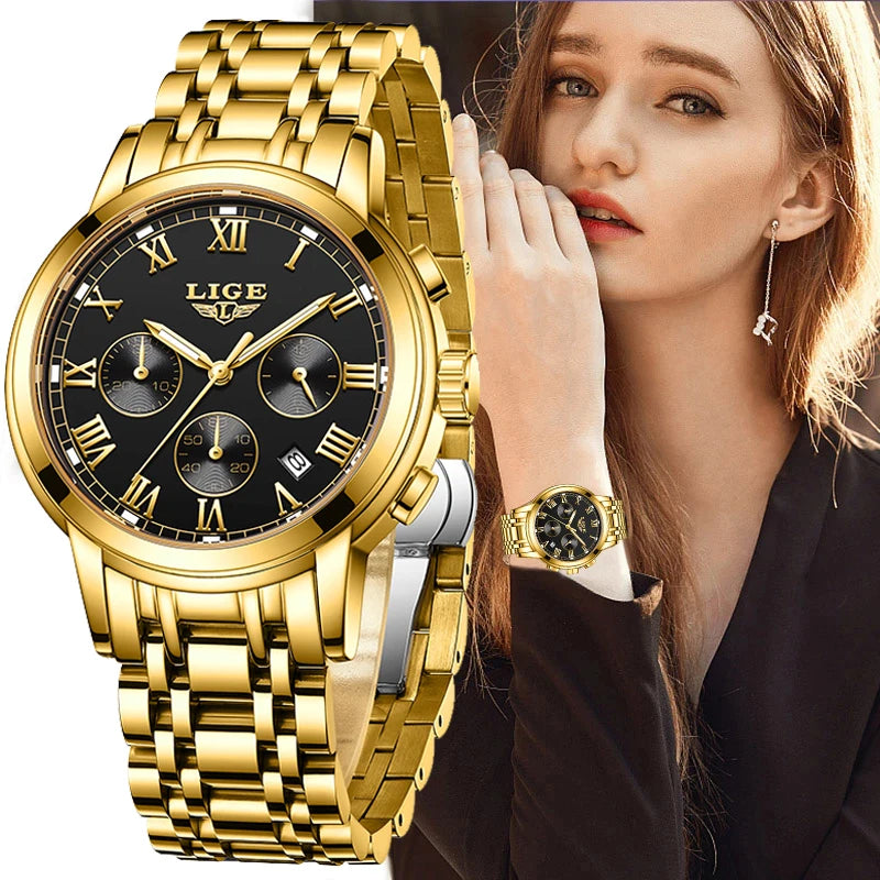 LIGE 2023 New Gold Watch Women Watches Ladies 30M Waterproof Steel Women's Bracelet Watches Female Clock Relogio Feminino+BOX
