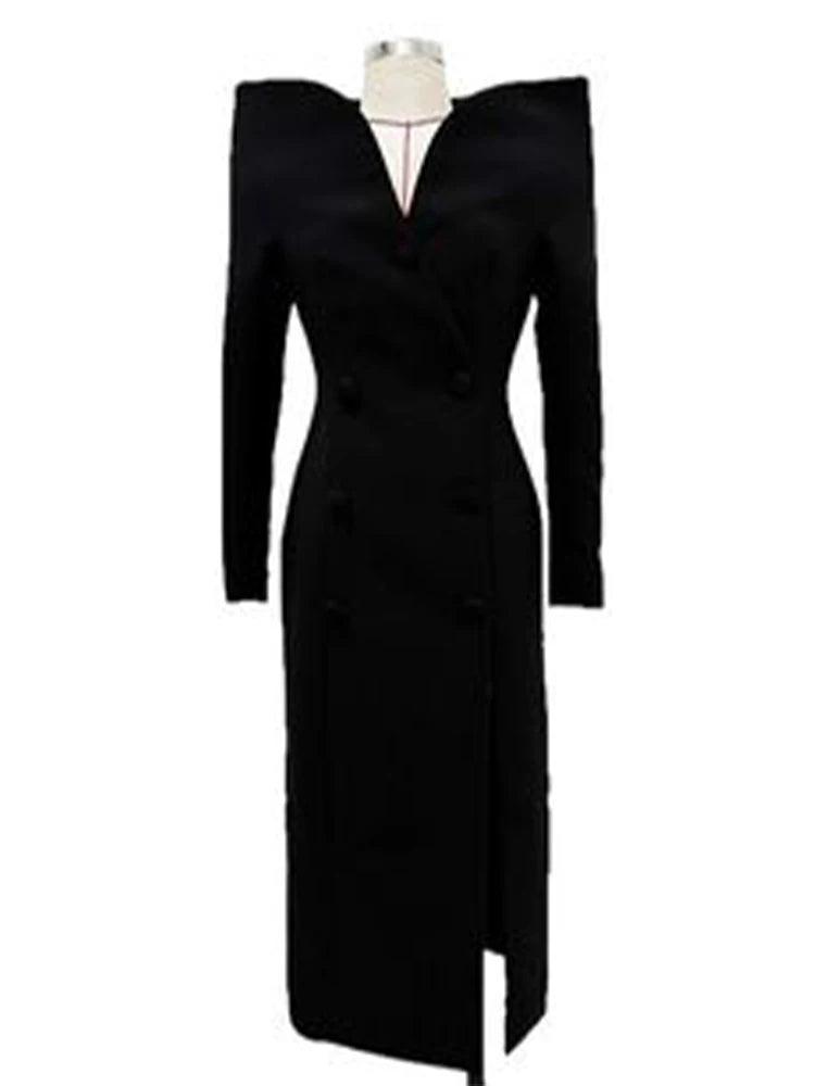 TWOTWINSTYLE Solid Slimming Designer Trench For Women V Neck Long Sleeve Patchwork Double Breasted Formal Coats Female Fashion