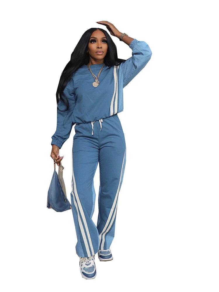 Sweatsuits for Woman 2025 Fall Sports Fashion Color Block Stripe Full Sleeve Sweatshirt and Drawstring Long Pants 2...