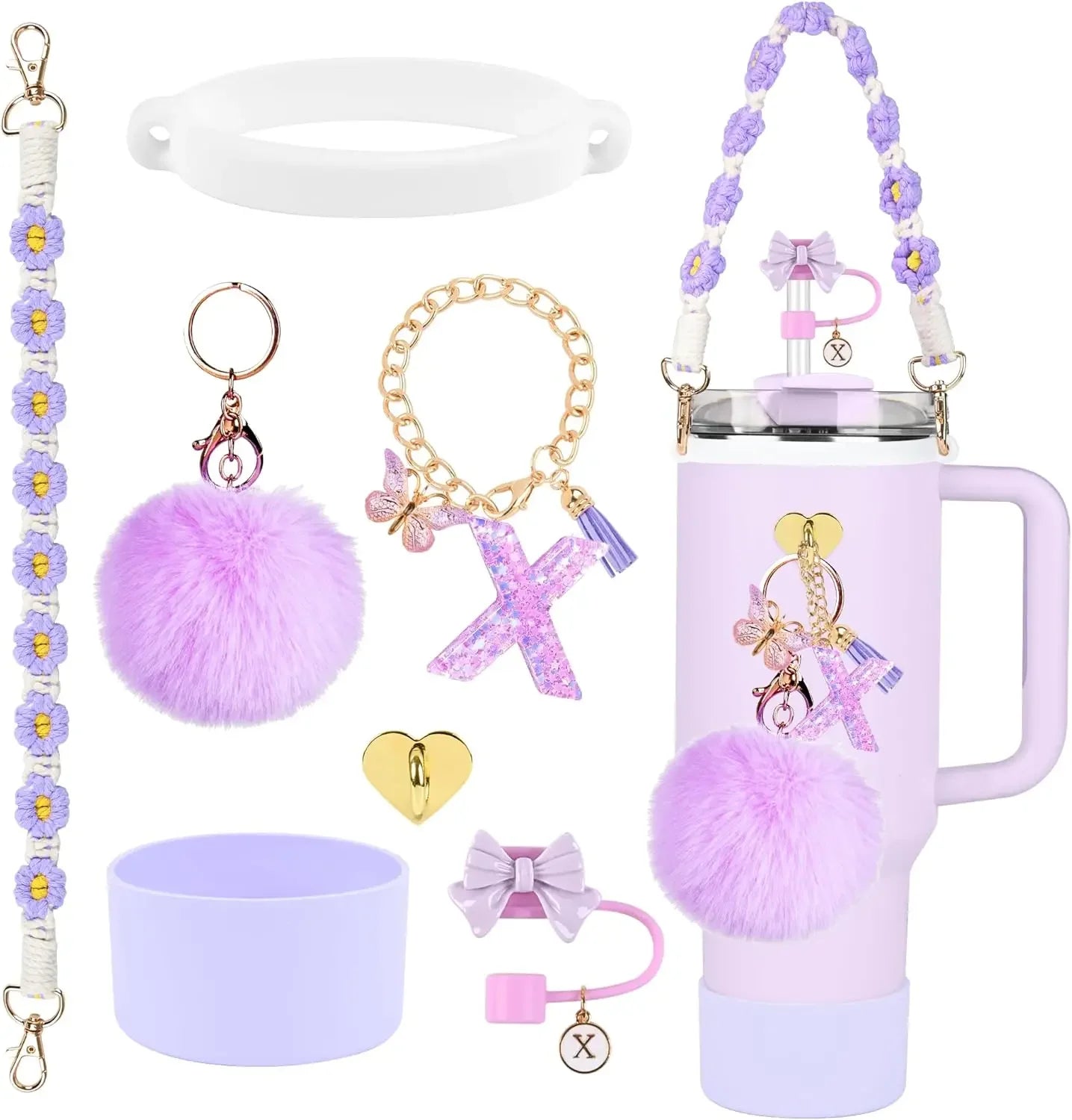 7PCS Accessories Set for Stanley Cup Purple Straw Topper Cup Boot Water Bottle Handle Strap Letter Charms 40oz 30oz Tumbler