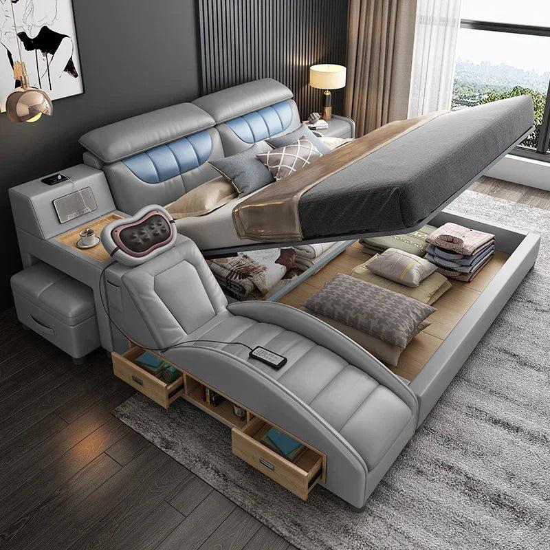 Vintage Modern House Double Bed Luxury Leather Massager Storage Italian Bed Multifunctional Regale Muebles Unique Furniture