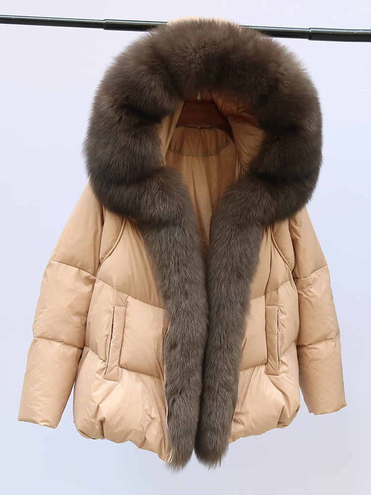 New Fashion Outerwear Puffer Jacket 2024 Women Coat White Duck Down Jacket Super Large Real Silver Fox Fur Collar Hooded
