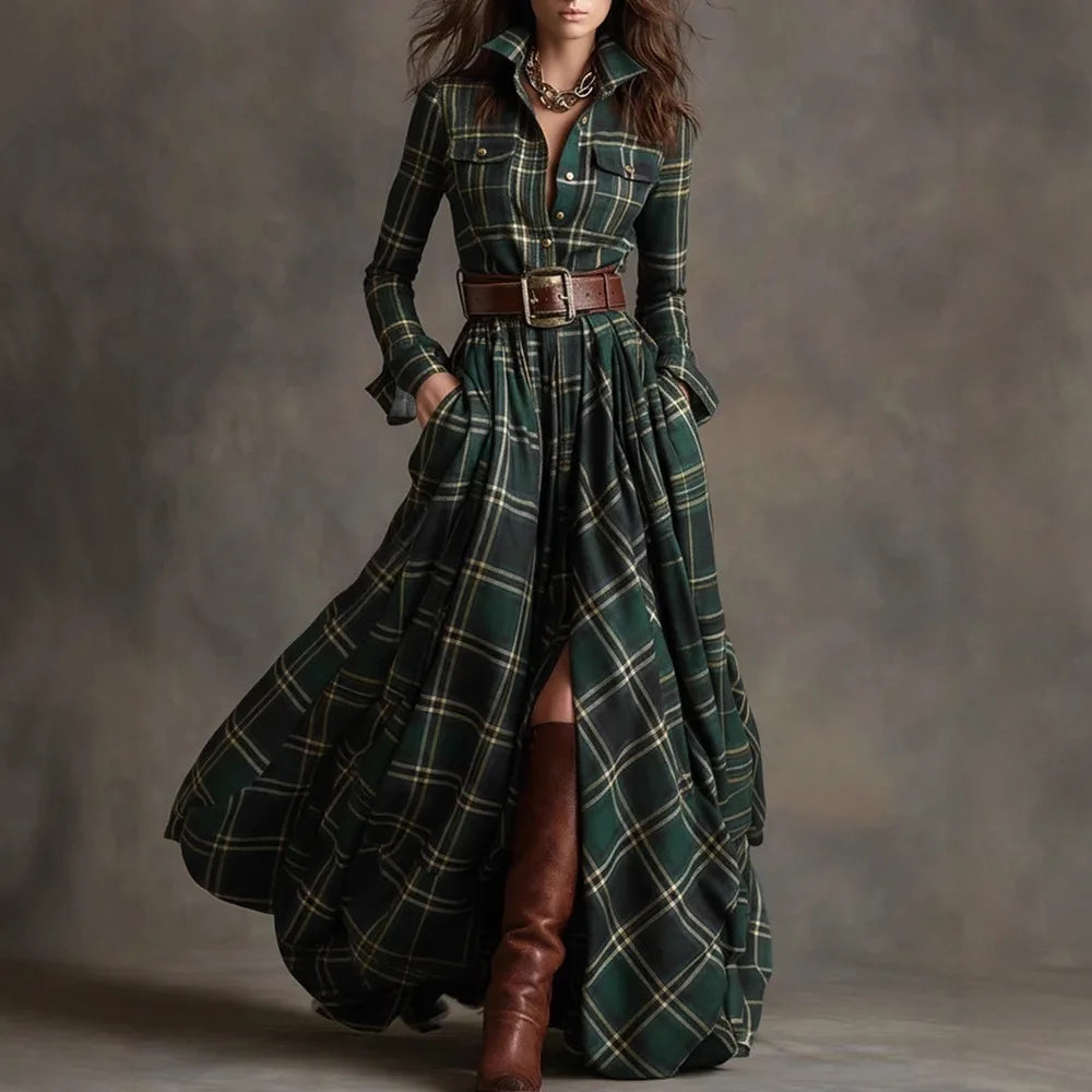 Plaid with Belt Retro Long Dress Lapel Button Irregular A Line Skirts Long Sleeve Casual Women's Dresses Autumn Elegant Clothes