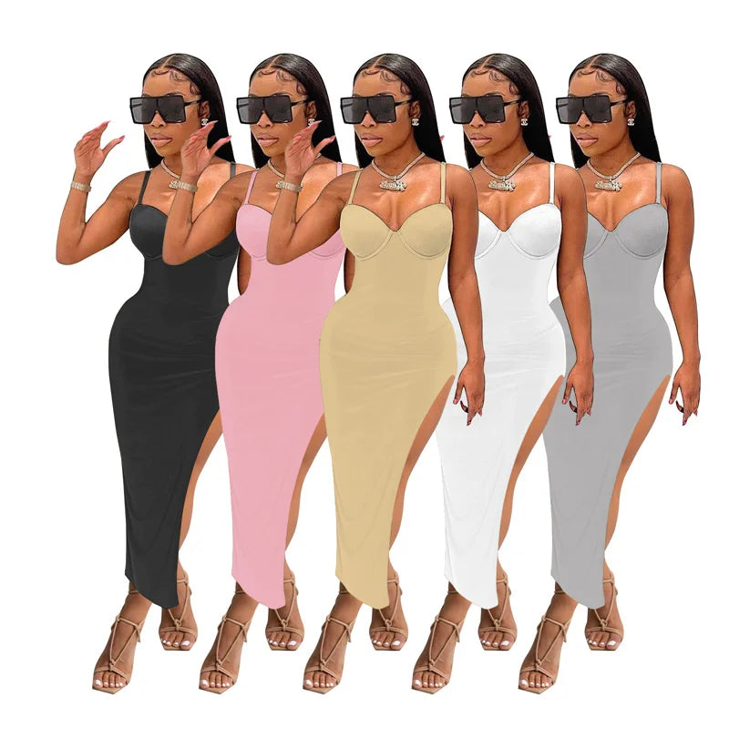Sexy Spaghetti Strap High Split Party Dress Women Night Sleeveless Backless Slim Bodycon Maxi Dress Elegant Birthday Prom Dress