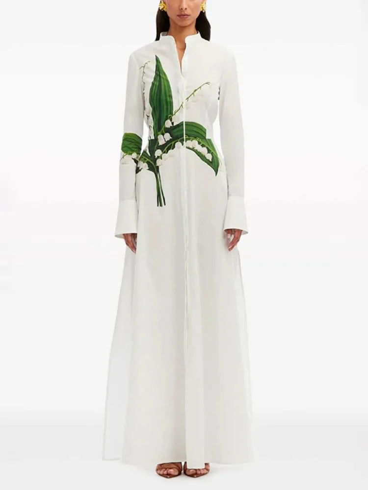 Women's Elegant Floral Printed Formal Office Shirts Dress Long Sleeves Buttoned Stand Collar Party Evening A-line Maxi Dresses - Kimlud