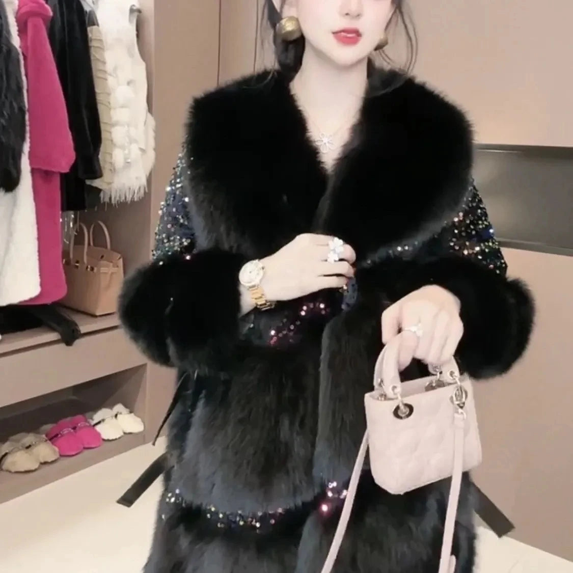 Faux Fur Coat for Women, Turn-down Collar Jacket, Loose Spliced Overcoat, Covered Button, Sequins, Female, New, Winter