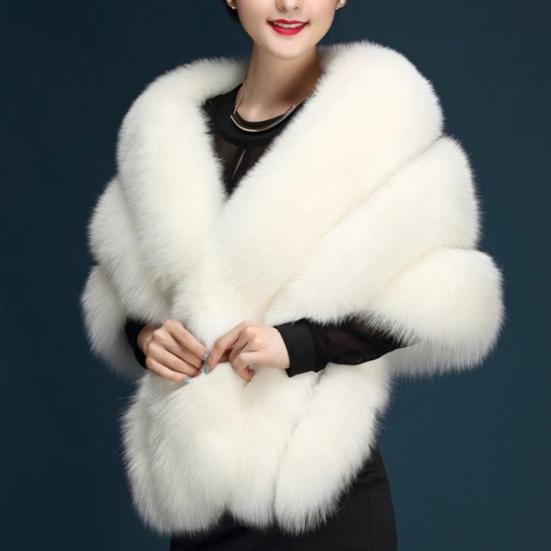 No. 19-Fall and Winter Bride Imitation Fox Fur Shawl Wedding Cloak Dress and Cheongsam Fur Cape Coat White Thick Women