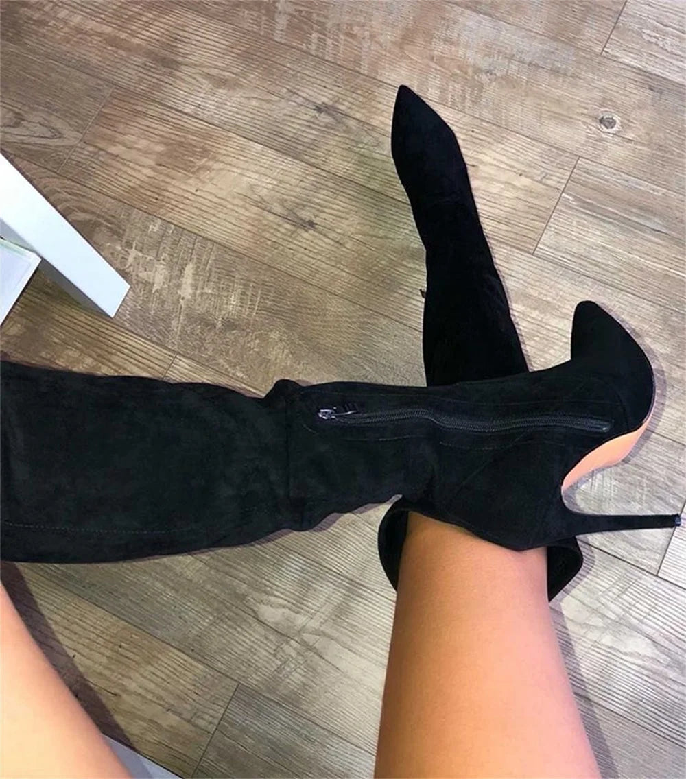 Onlymaker Womens Stretch Thigh High Socks Booties Pointed Toe High Heel Over the Knee Boots Faux Suede Black Big Size Boots