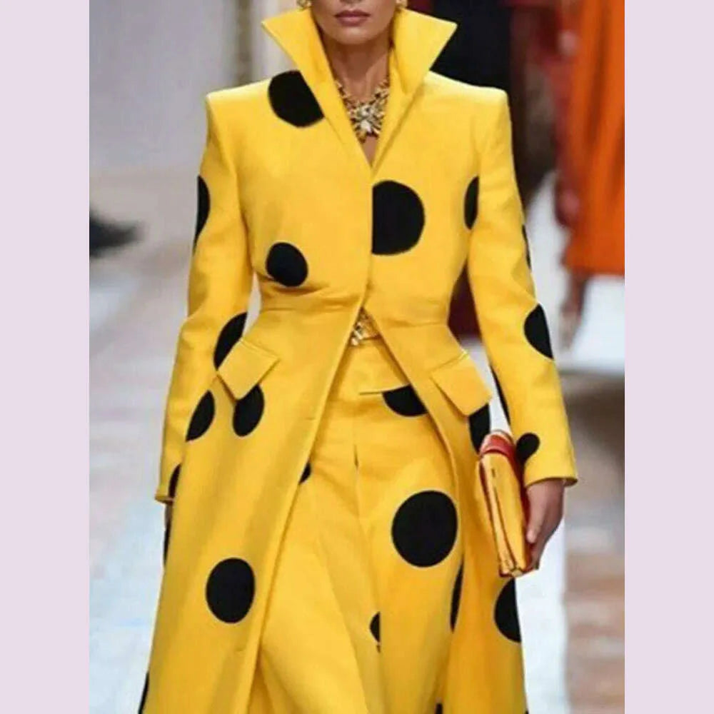 Beautyblue Polka-Dot Woolen Coat Women's Long Jacket 2025 New Split-Joint Long Sleeves Lapel Elegant Yellow Outerwears Female