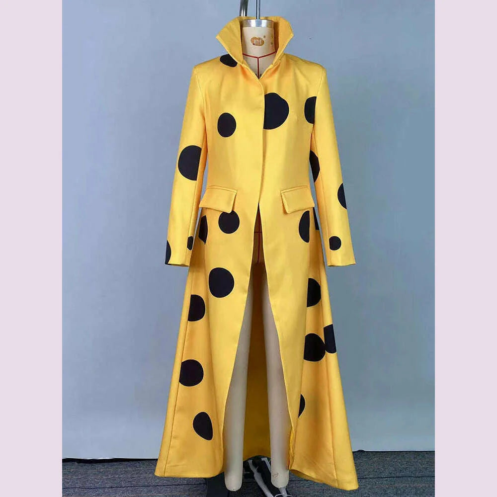 Beautyblue Polka-Dot Woolen Coat Women's Long Jacket 2025 New Split-Joint Long Sleeves Lapel Elegant Yellow Outerwears Female