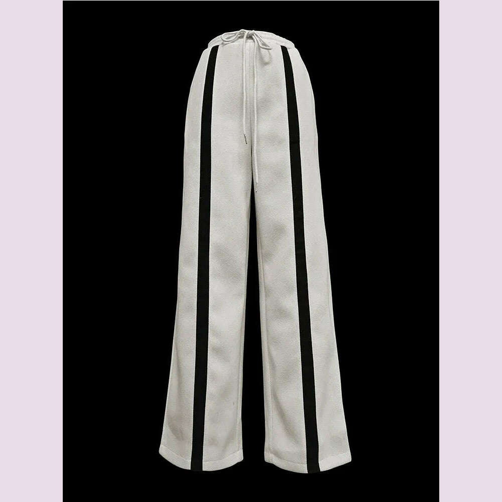 Beautyblue Striped Pants for Female Drawstring Bottoms Autumn Casual Loose Contrast Color Felt Clothes Elegant Women's Trousers
