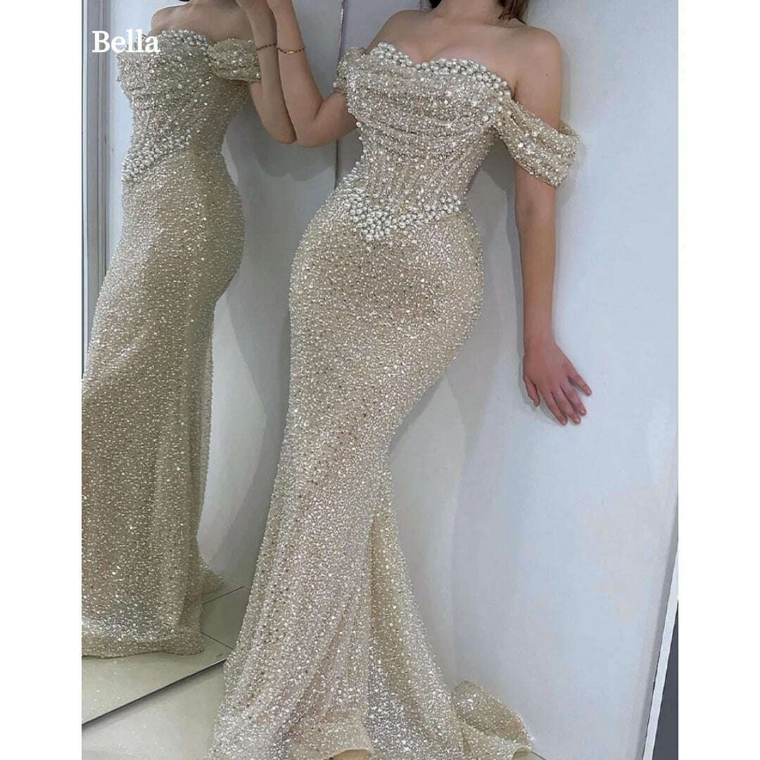 Bella Bead String Off the Shoulder Mermaid robes de soirée Floor-Length Draped Cocktail Party Evening Dresses Wedding Dress