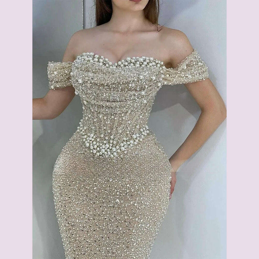 Bella Bead String Off the Shoulder Mermaid robes de soirée Floor-Length Draped Cocktail Party Evening Dresses Wedding Dress