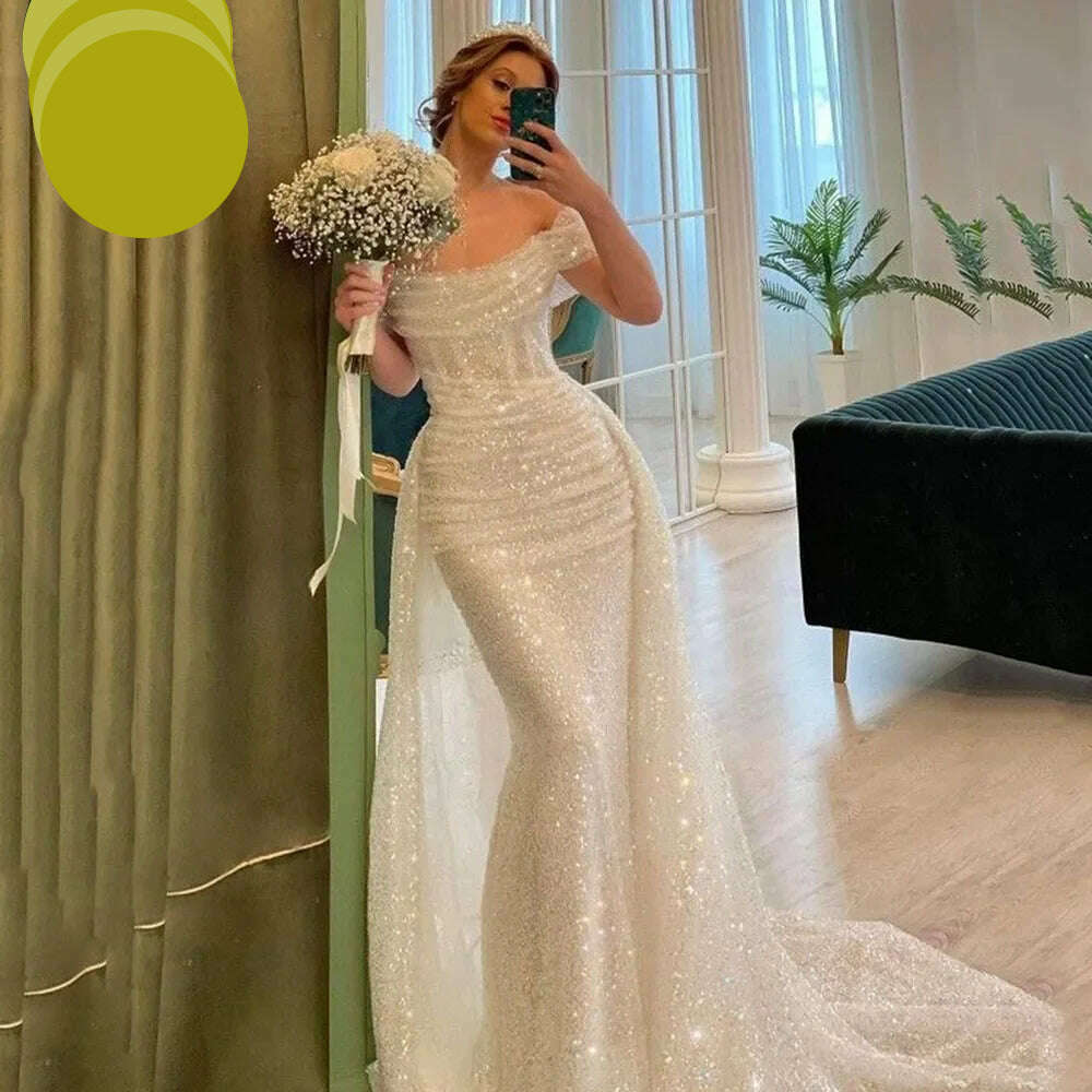 Bella White Glitter Prom Dresses Shiny Sequins Mermaid Wedding Dress Customized Long Train Off Shoulder Vestidos De Fiesta 2024