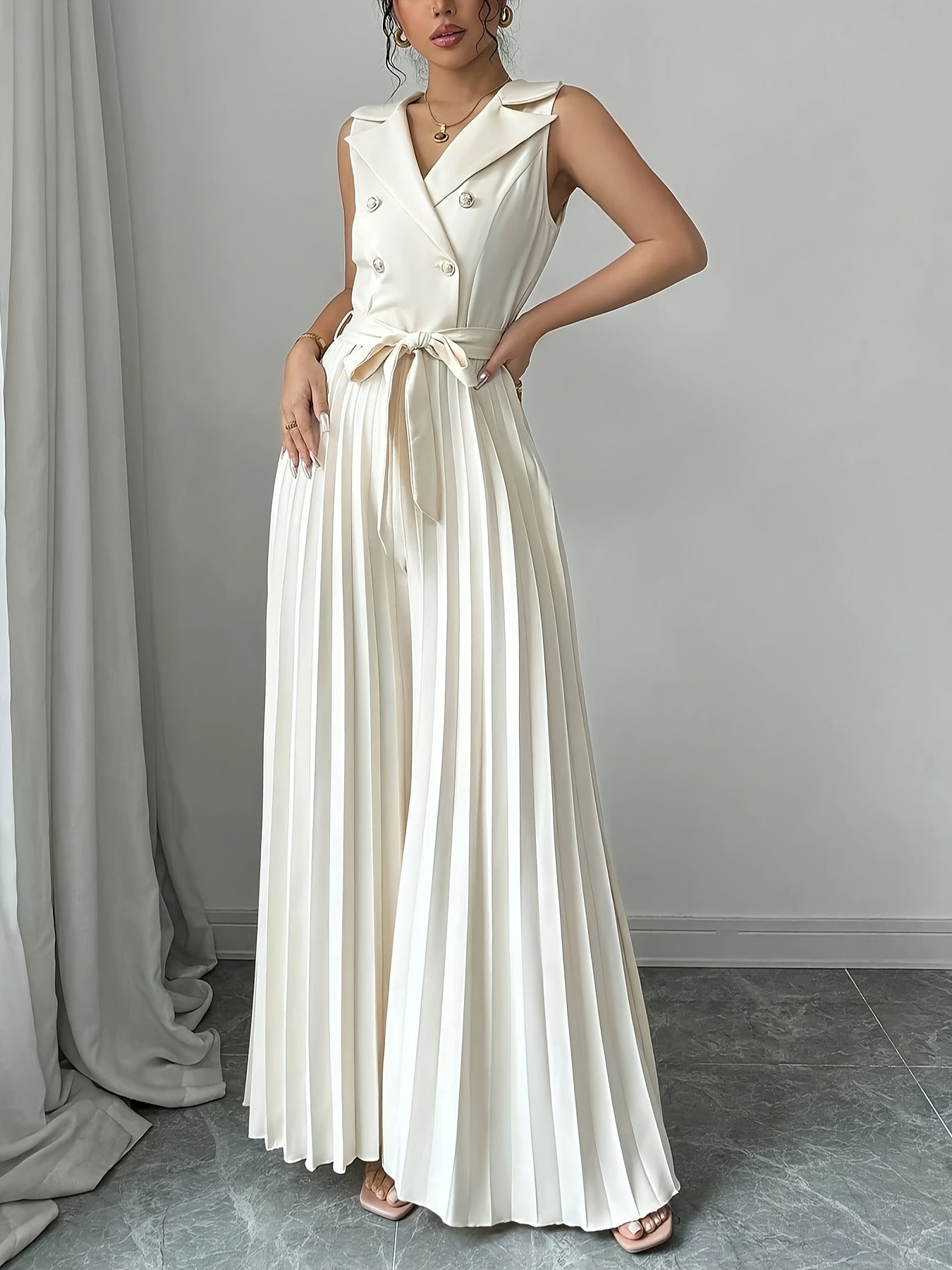 Women'S Elegant Double-Breasted Jumpsuit - Beige/Neutral Tones, Structured Formal & Casual Outfit with Belted Waist, Office Party Wedding Attire for Spring/Fall Seasons, Spring Fashion, Classic Silhouette, Polished Finish, Ve