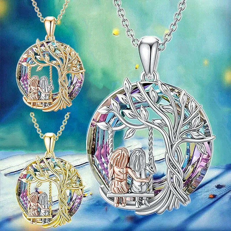 Creative Sister Crystal Necklace Stainless Steel Life Tree Pendant Engagement Necklaces for Women Stainless Steel Jewelry Gift