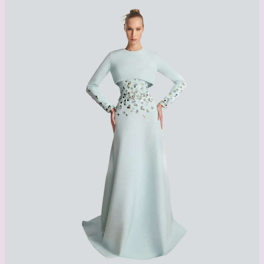 Customized Jersey Sequined Flower Beading Ruched Homecoming A-line O-Neck Bespoke Occasion Gown Long Dresses
