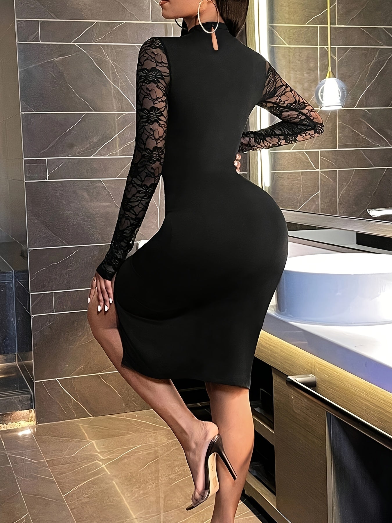 Elegant Women's Black Lace-Paneled Bodycon Dress with Front Keyhole and Long Sleeves - Chic Knee-Length, Perfect for Spring/Fall Events