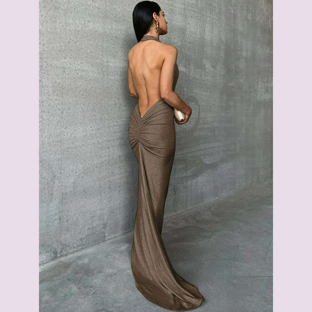 Dulzura Bling Glitter Women Halter Maxi Dress V Neck Backless Long Dress Party Evening Birthday Clothes Elegant Prom Outfit