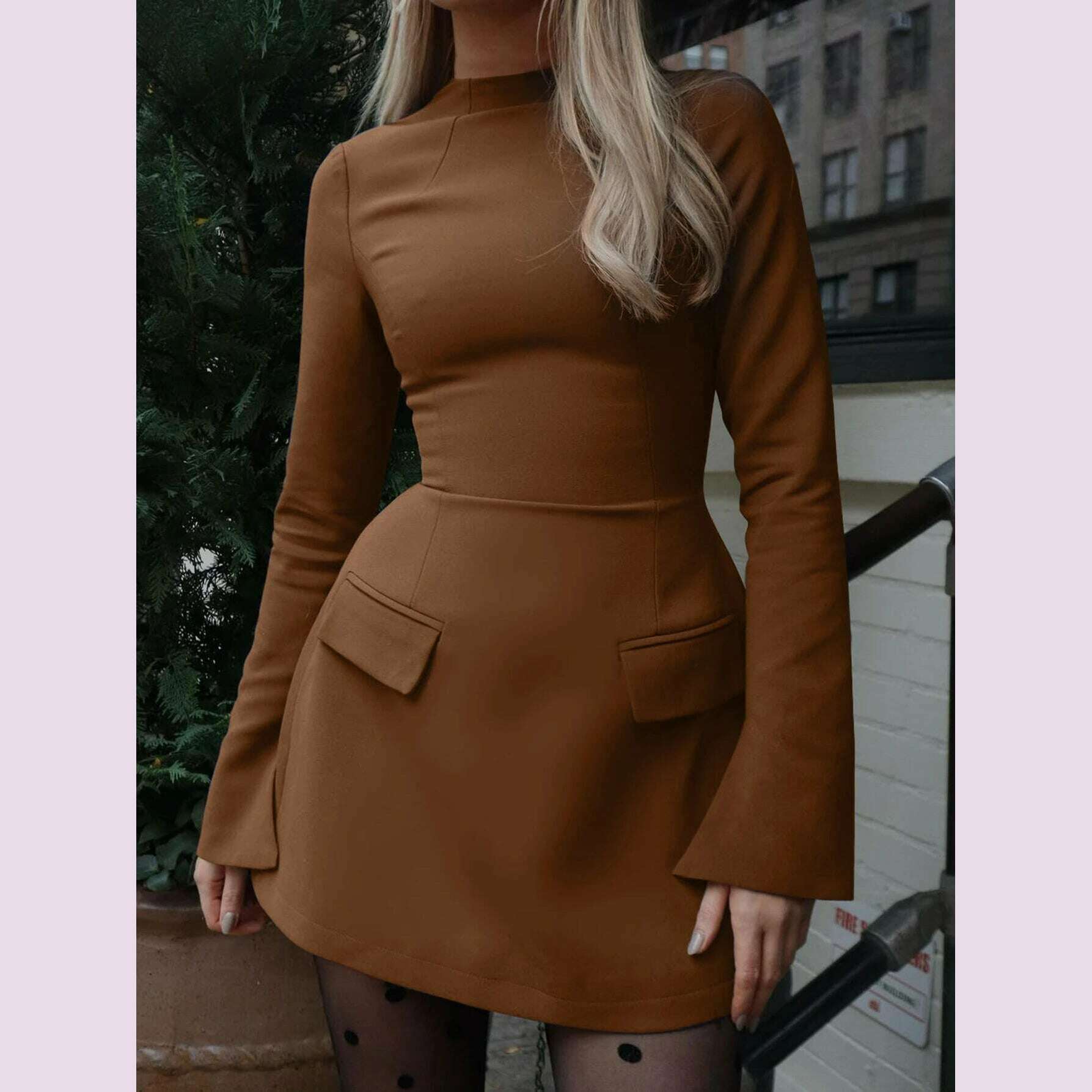 Dulzura Long Sleeves Zipper Bodycon Mini Dress With Pocket Solid Elegant Outfit Office Streetwear Women’S Autumn Winter Clothes