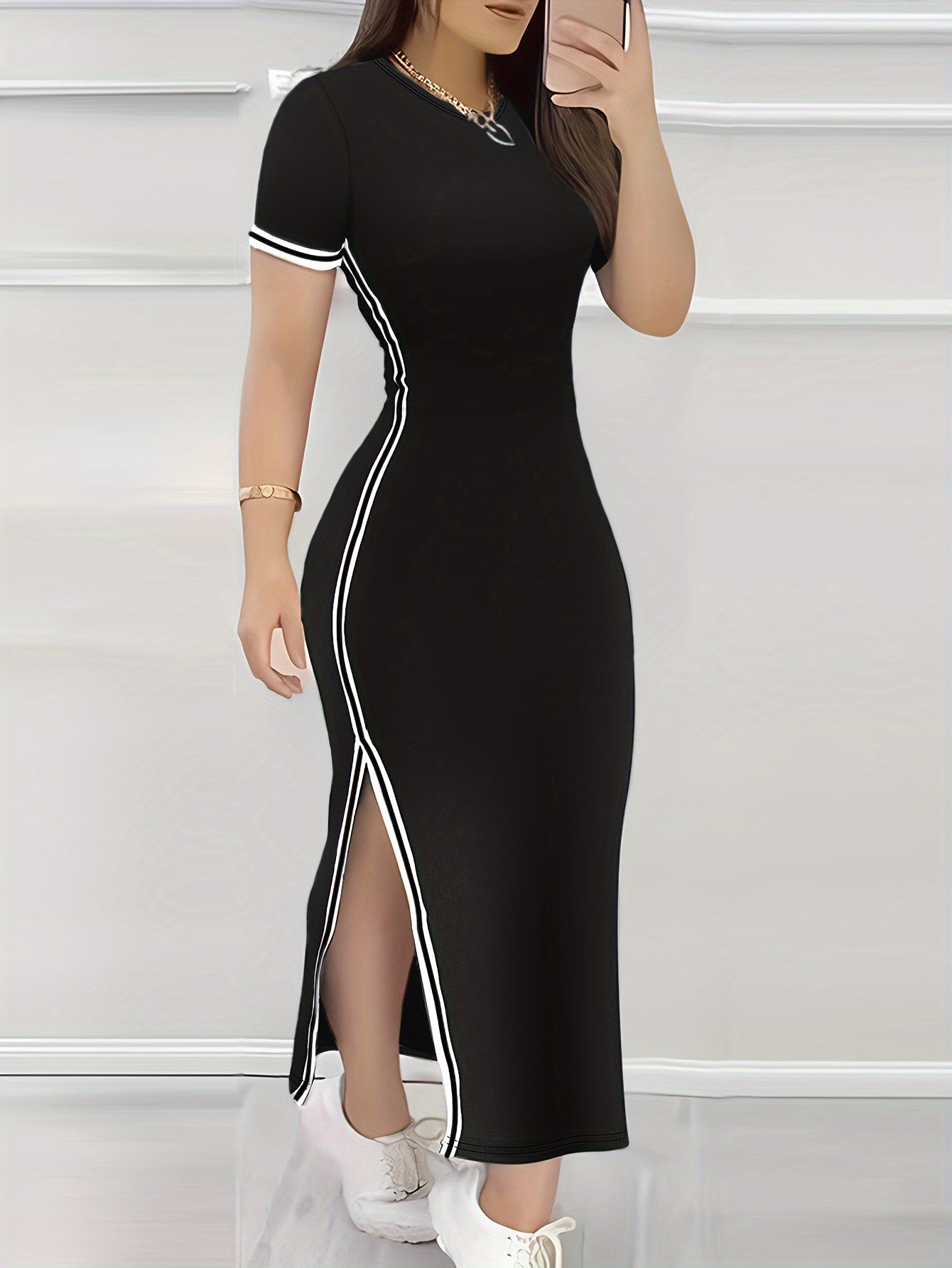 Contrast Trim Split Hem Bodycon Dress, Elegant Crew Neck Short Sleeve Dress For Spring & Summer, Women's Clothing