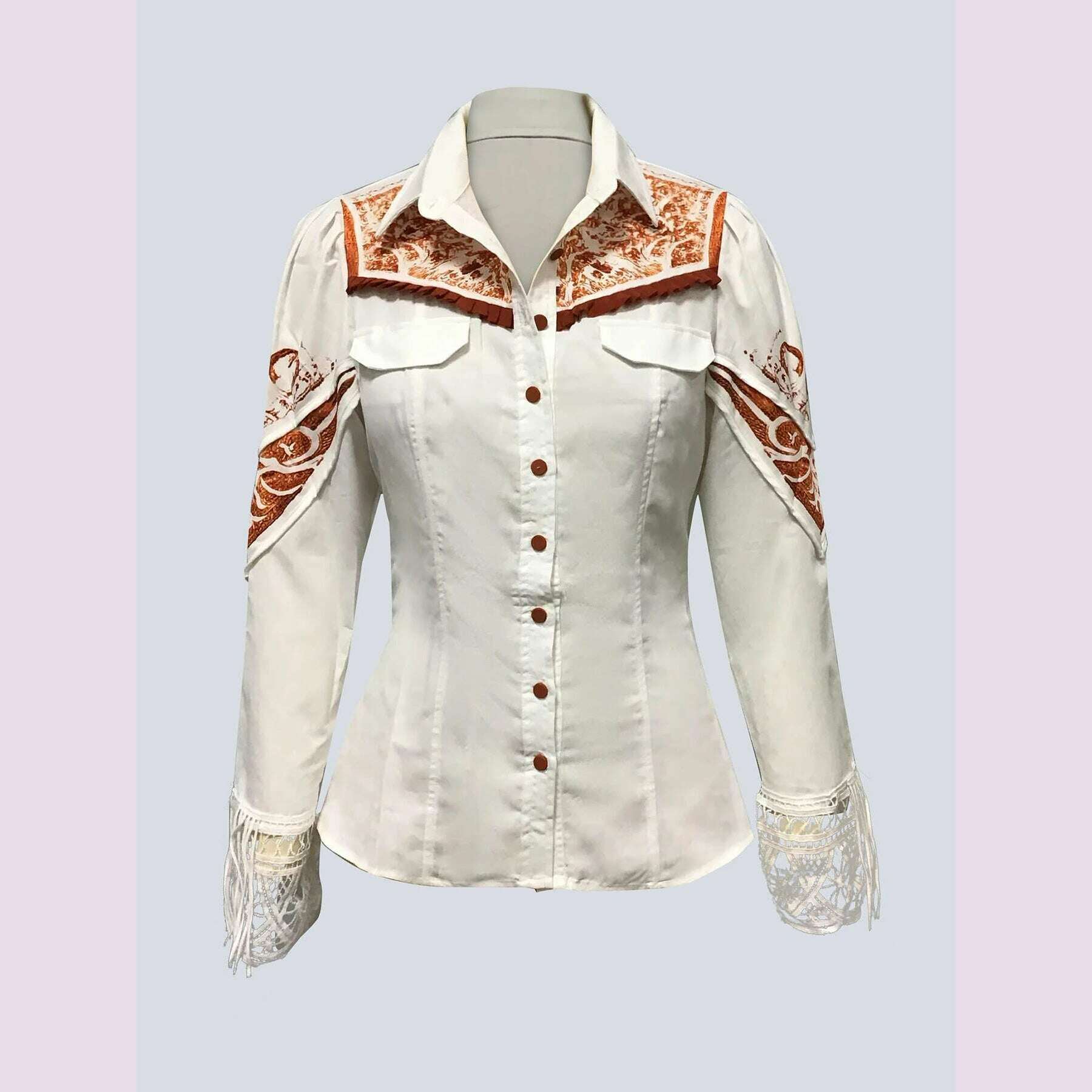Elegant Chic Women Tops Western Print Button Turndown Collar Slim Waist Shirt Fringed Hollow Long Sleeve Office Lady Blouse