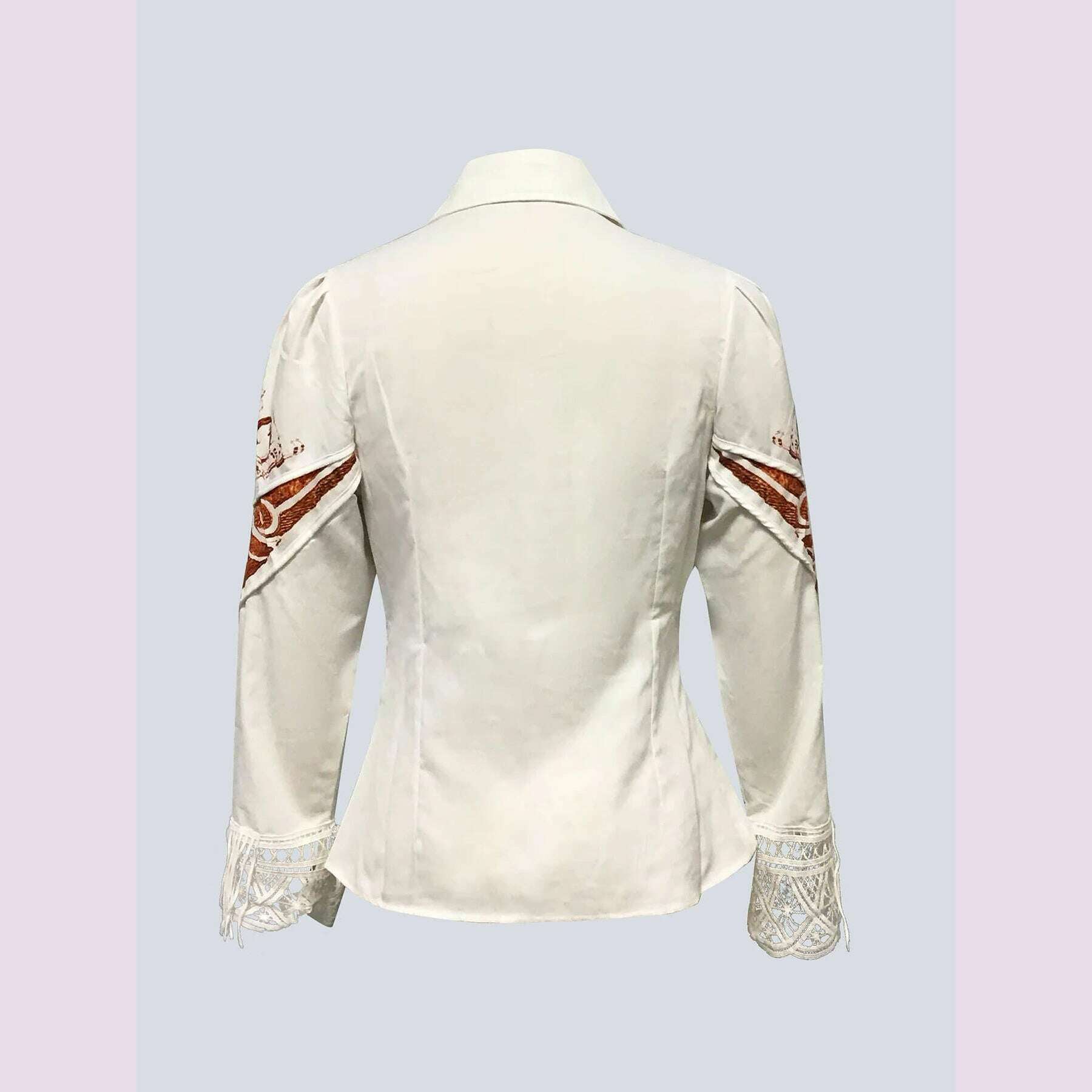 Elegant Chic Women Tops Western Print Button Turndown Collar Slim Waist Shirt Fringed Hollow Long Sleeve Office Lady Blouse