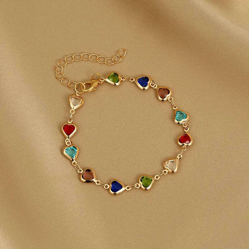 Exquisite Boho Candy Color Heart Shaped Crystal Bracelet for Women Fashion Charm Zircon Butterfly Pearl Metal Chain Bracelets