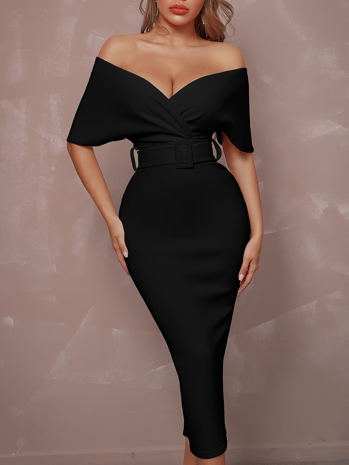 Stunning Off-The-Shoulder Bodycon Dress - V-Neck, Split Hem, Belted Waist, Elegant Design for Wedding Party, Formal Occasions - Women's Clothing, Body-Hugging Silhouette