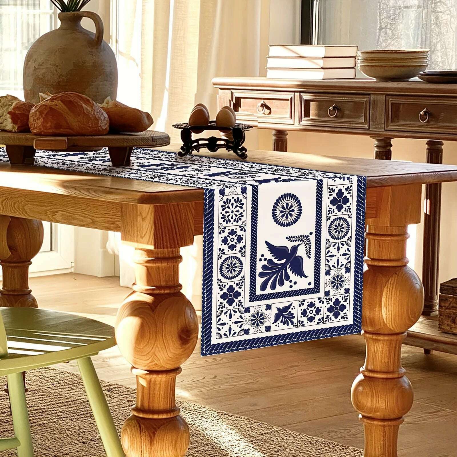 Floral Bird Mexican Linen Table Runners Blue Patchwork Tiles Dresser Scarf Table Decor Holiday Wedding Party Dining Table Decor