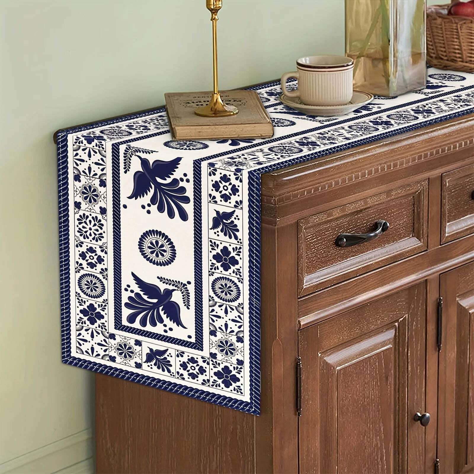 Floral Bird Mexican Linen Table Runners Blue Patchwork Tiles Dresser Scarf Table Decor Holiday Wedding Party Dining Table Decor