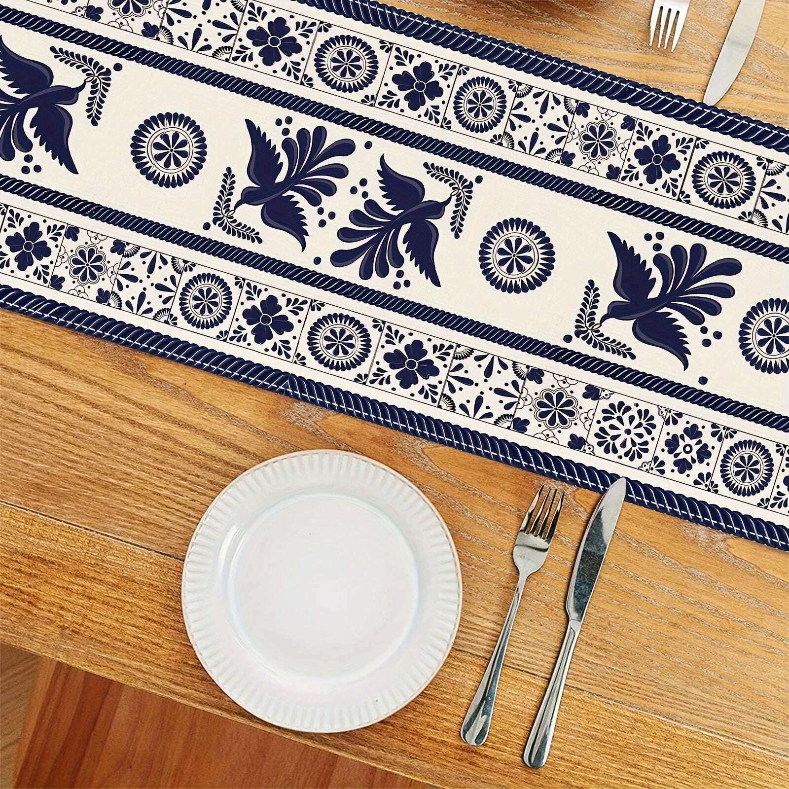 Floral Bird Mexican Linen Table Runners Blue Patchwork Tiles Dresser Scarf Table Decor Holiday Wedding Party Dining Table Decor