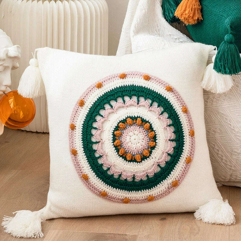 Floral Cuhion Cover 45x45cm Pillow Cove Pink Cream Yellow Green Tassels Acrylic Knit Home decoration Pillow Case For sofa Bed