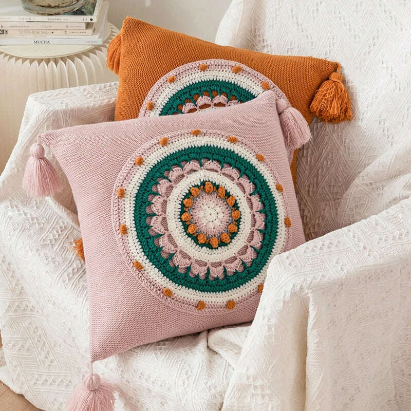 Floral Cuhion Cover 45x45cm Pillow Cove Pink Cream Yellow Green Tassels Acrylic Knit Home decoration Pillow Case For sofa Bed