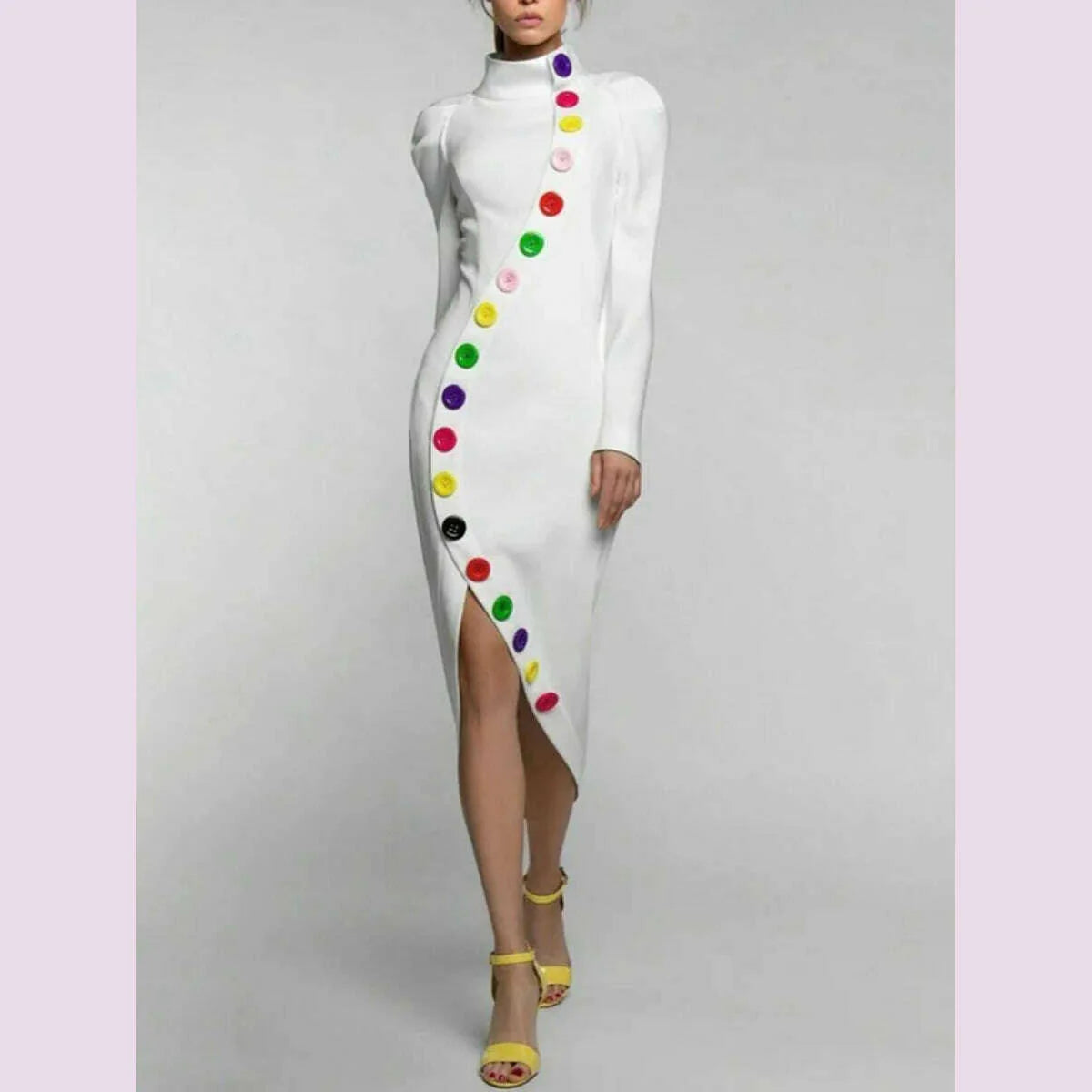 Freeacy 2024 Fall Women's Dress High Neck Puff Sleeves Colorful Buttoned Slim Fit Dress Stylish Middle Length Evening Dresses