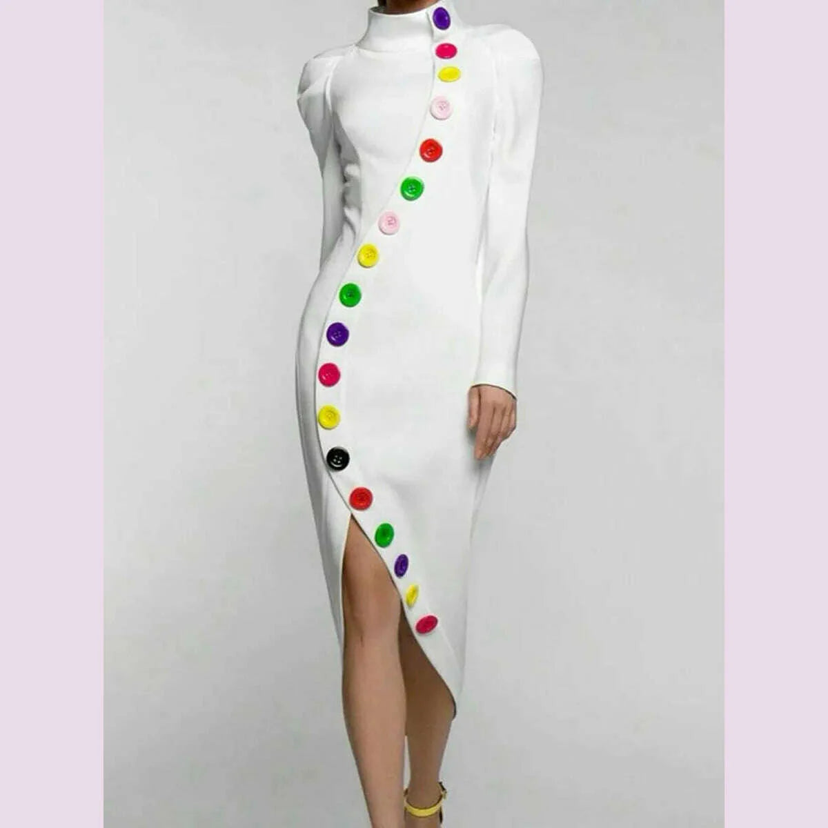 Freeacy 2024 Fall Women's Dress High Neck Puff Sleeves Colorful Buttoned Slim Fit Dress Stylish Middle Length Evening Dresses