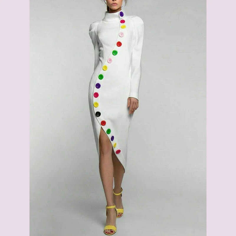 Freeacy 2024 Fall Women's Dress High Neck Puff Sleeves Colorful Buttoned Slim Fit Dress Stylish Middle Length Evening Dresses