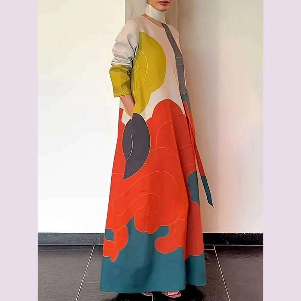 Freeacy 2025 Spring Stylish Dress for Women Contrast Color Long Sleeves Loose Fit Maxi Dress with Scarf Casual Party Dresses