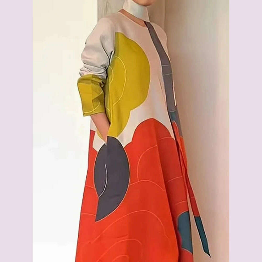 Freeacy 2025 Spring Stylish Dress for Women Contrast Color Long Sleeves Loose Fit Maxi Dress with Scarf Casual Party Dresses