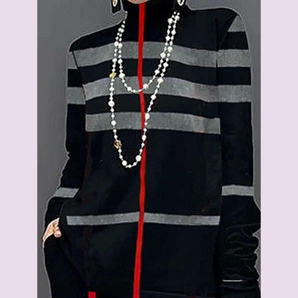 Freeacy Autumn New Women's Casual Shirts High Neck Long Sleeves Loose Fit Striped Pullovers 2024 Fashion Female T-shirt