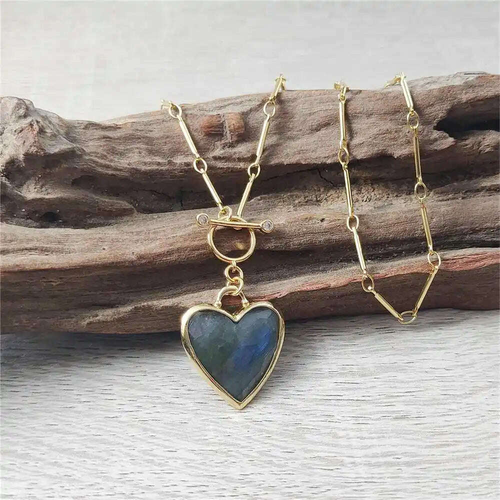 FUWO Handcrafted Natural Labradorite Necklace,Golden OT Buckle Chain Heart-Shaped Semi-Precious Stone Jewelry For Women (NC475)