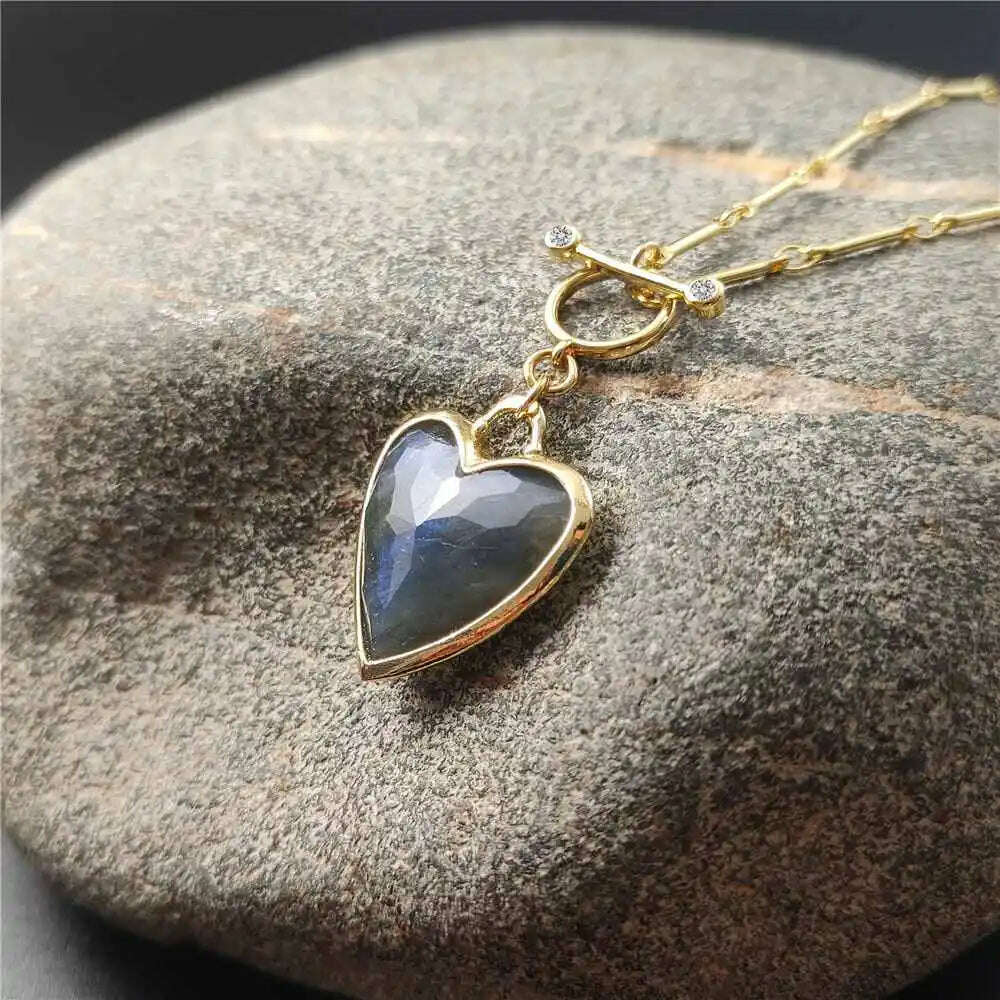 FUWO Handcrafted Natural Labradorite Necklace,Golden OT Buckle Chain Heart-Shaped Semi-Precious Stone Jewelry For Women (NC475)