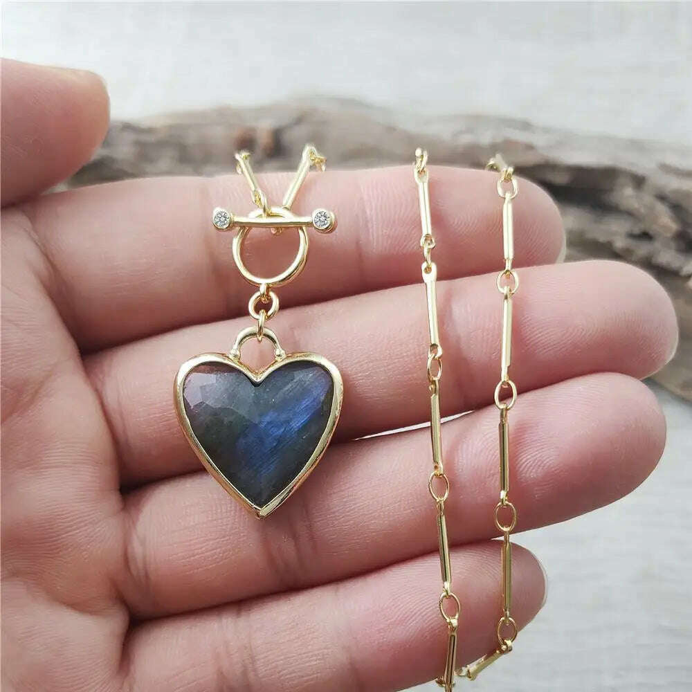 FUWO Handcrafted Natural Labradorite Necklace,Golden OT Buckle Chain Heart-Shaped Semi-Precious Stone Jewelry For Women (NC475)
