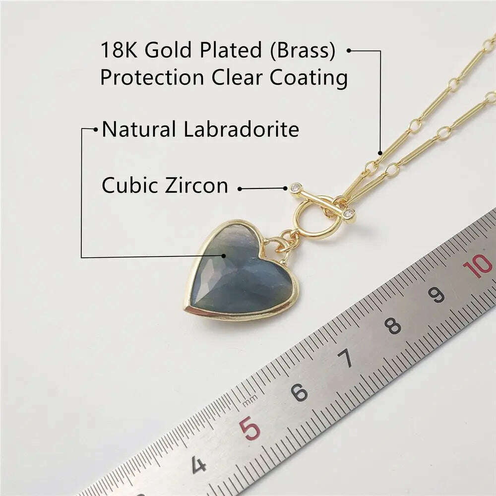 FUWO Handcrafted Natural Labradorite Necklace,Golden OT Buckle Chain Heart-Shaped Semi-Precious Stone Jewelry For Women (NC475)