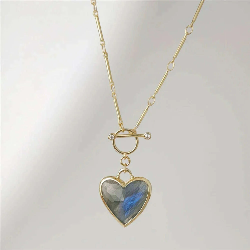 FUWO Handcrafted Natural Labradorite Necklace,Golden OT Buckle Chain Heart-Shaped Semi-Precious Stone Jewelry For Women (NC475)