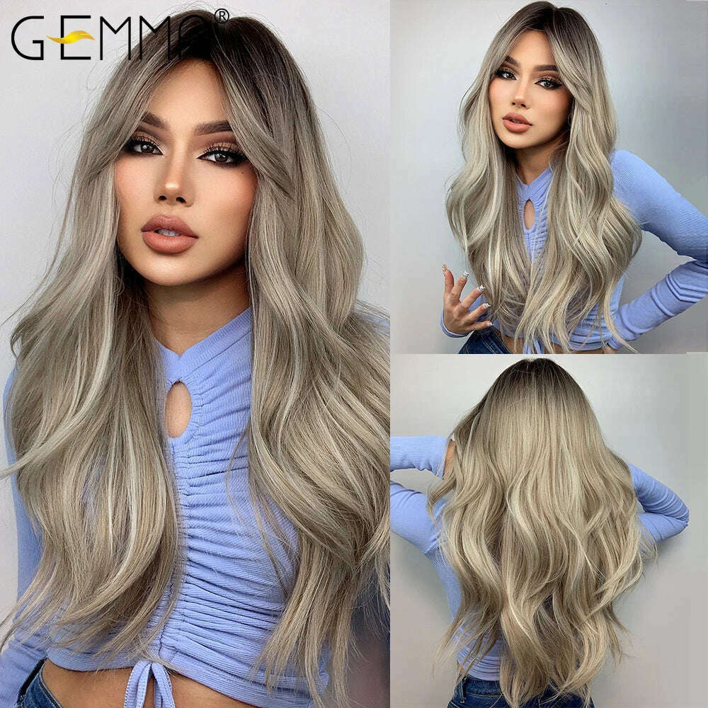 GEMMA Ombre Brown Blonde Long Straight Synthetic Wigs with Bangs Cosplay Wig for Women High Temperature Natural Fake Hair