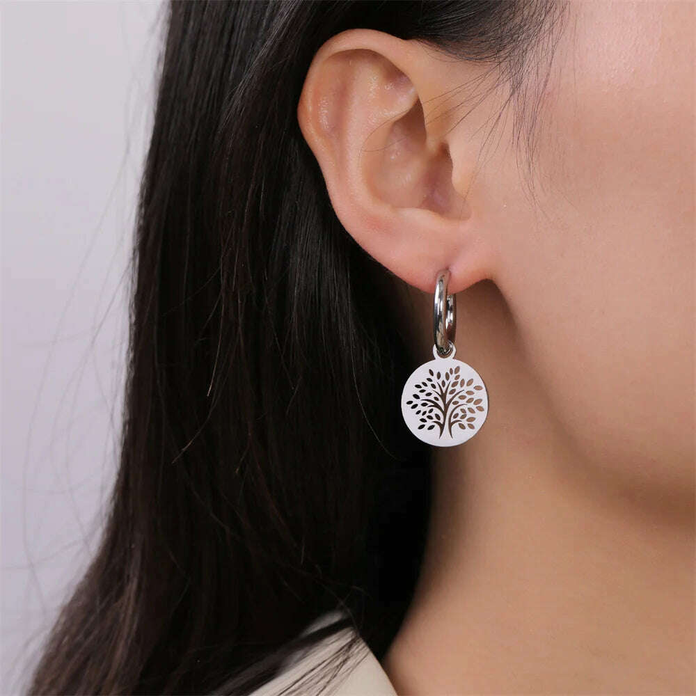Gold Plated Tree of Life Rond Dangle Hoop Earrings for Women Stainless Steel Luxury Charm Trend Female Earring Jewelry Gifts