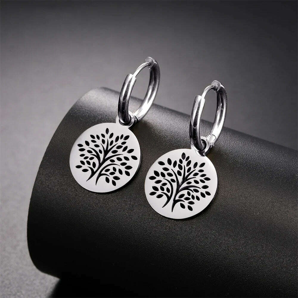 Gold Plated Tree of Life Rond Dangle Hoop Earrings for Women Stainless Steel Luxury Charm Trend Female Earring Jewelry Gifts