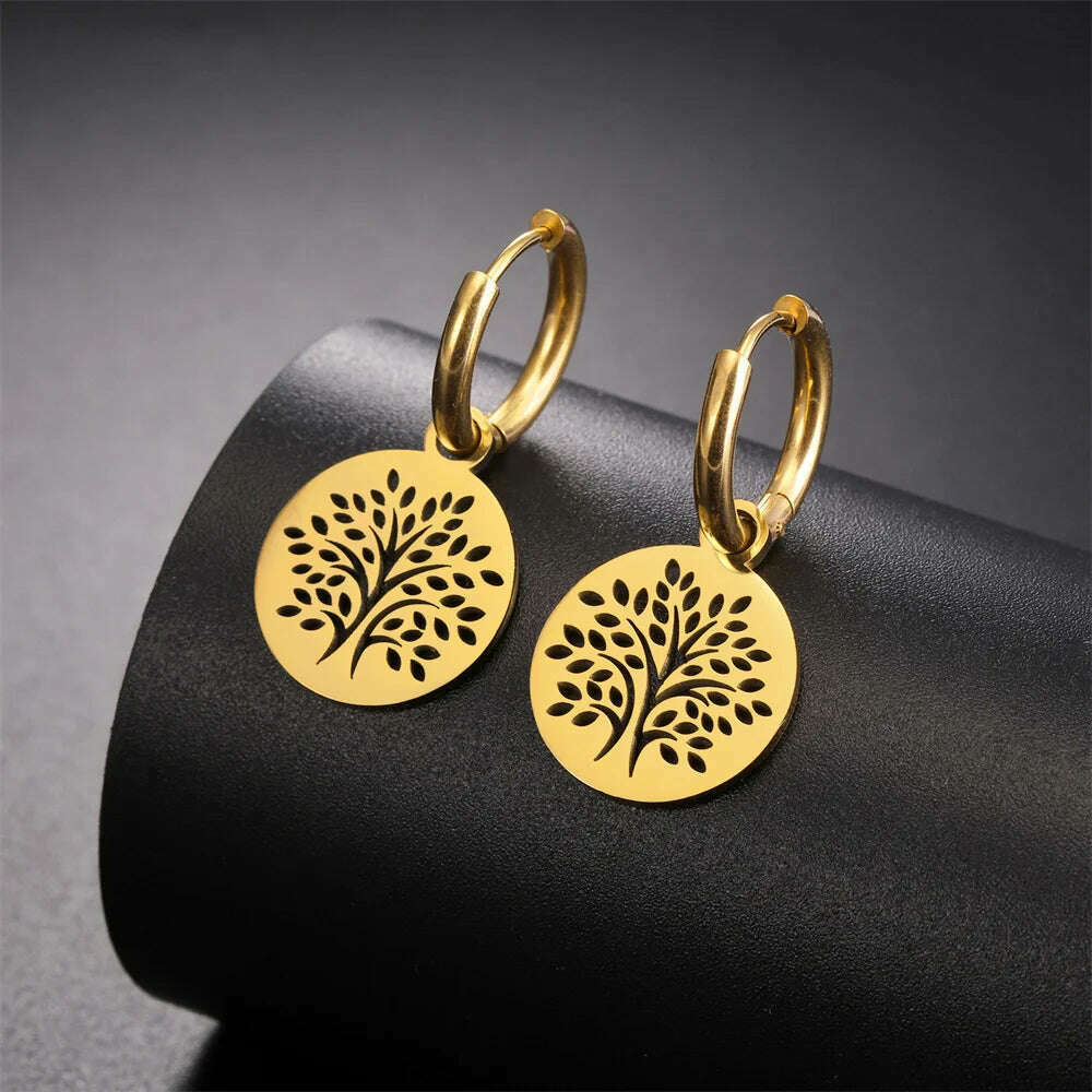 Gold Plated Tree of Life Rond Dangle Hoop Earrings for Women Stainless Steel Luxury Charm Trend Female Earring Jewelry Gifts