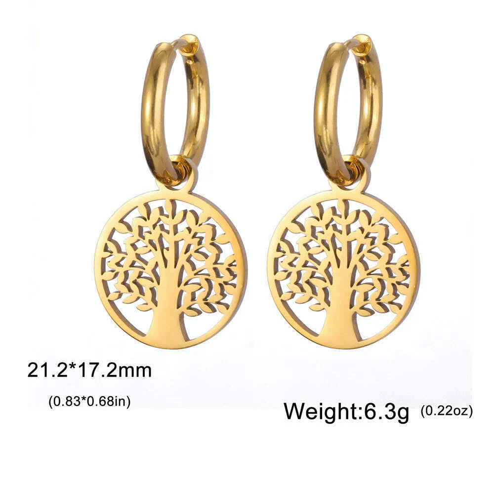 Gold Plated Tree of Life Rond Dangle Hoop Earrings for Women Stainless Steel Luxury Charm Trend Female Earring Jewelry Gifts